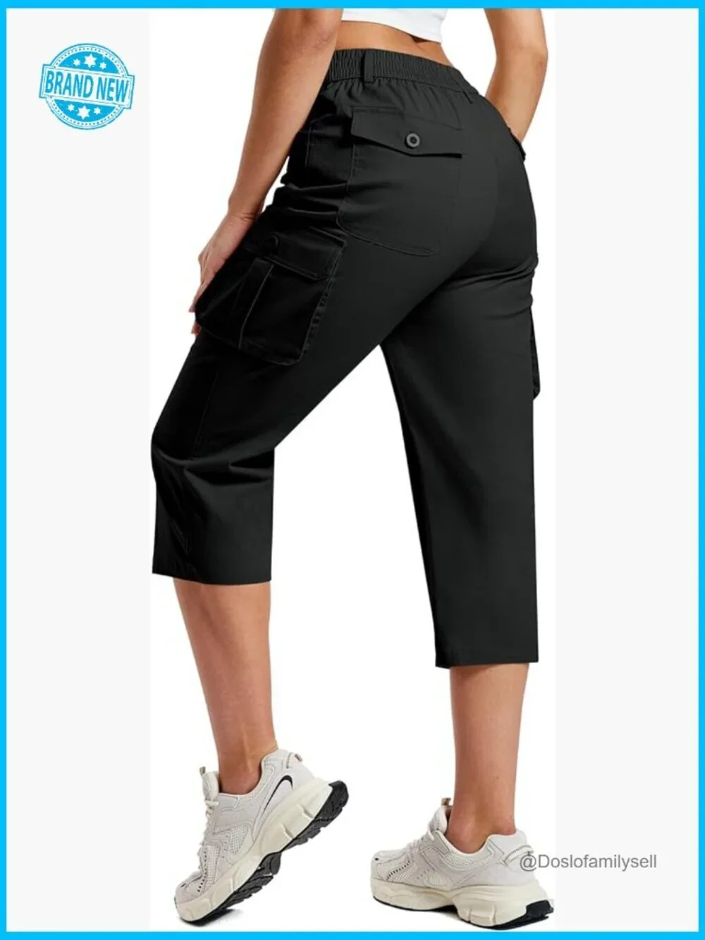 Cargo Capris Cotton Pants with Button Pockets Elastic Waist Lightweight Cute
